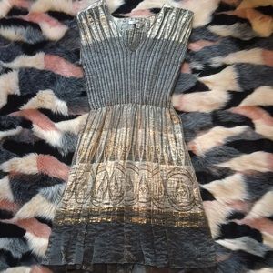 Max Studio:Pleated Gray and Gold Dress